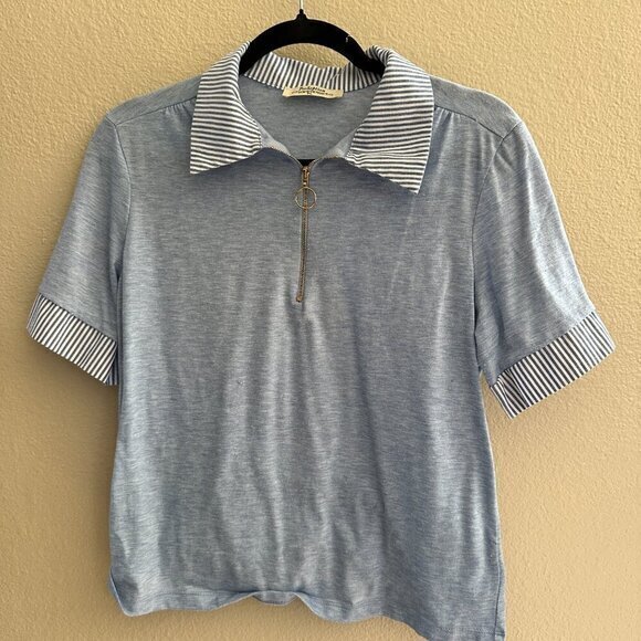 SOLD  PerSeption Blue Blouse  Size Petite Large, short sleeve blouse, - Picture 3 of 7